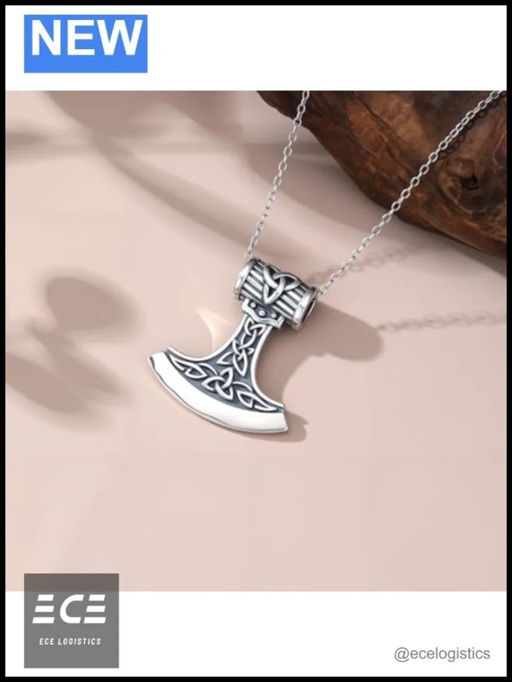 S925 Sterling Silver Celtic Warrior Axe Pendant Necklace 18k White Gold Plated